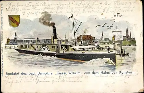 Künstler Litho Fuchs, Karl, Konstanz am Bodensee, Ausfahrt des Dampfers Kaiser Wilhelm aus dem Hafen