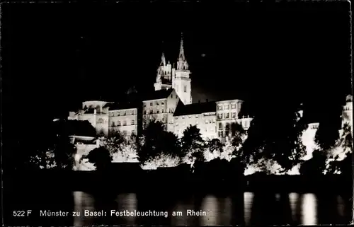 Ak Bâle Basel Stadt Schweiz, Münster, Festbeleuchtung am Rhein