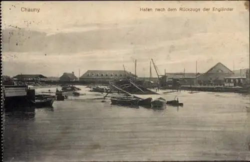 Ak Chauny Aisne, Hafen nach dem Rückzug der Engländer, 1. WK