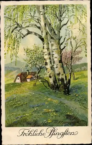 Ak Glückwunsch Pfingsten, Landschaft mit Birken