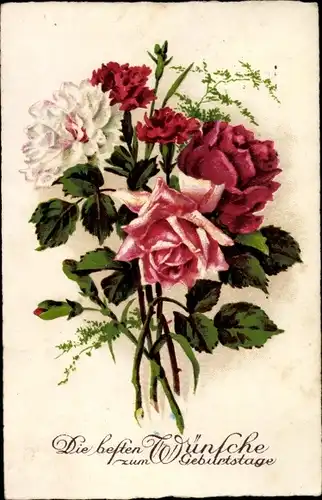 Ak Glückwunsch Geburtstag, Blumenstrauß mit Rosen und Nelken