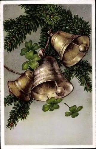 Ak Glocken und Kleeblätter an Tannenzweigen