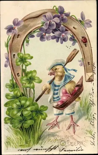 Präge Litho Glückwunsch Ostern, Hufeisen, Kleeblätter, Küken im Matrosenazug, Marienköfer, Eier