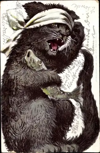 Präge Litho Schwarze Hauskatze, Kater mit Kopfschmerzen, Fisch, Kater