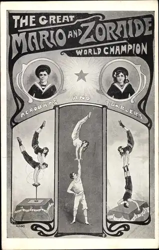 Jugendstil Ak The Great Mario and Zoraide, World Champion, Acrobats and Tumblers, Artisten