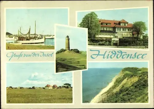 Ak Insel Hiddensee in der Ostsee, Leuchtturm, Hafenbild, Nordstrand, Gasthof Dornbusch