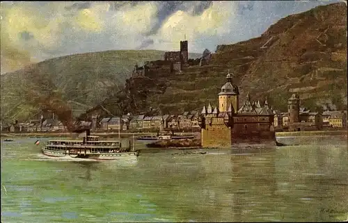 Künstler Ak Hoffmann, H., Kaub am Rhein, Blick auf Burg Gutenfels mit der Pfalz, Pfalzgrafenstein