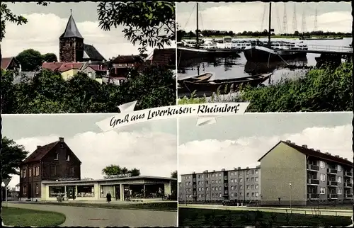 Ak Rheindorf Leverkusen in Nordrhein Westfalen, Wohnblöcke, Kirche, Bootsanlegestelle