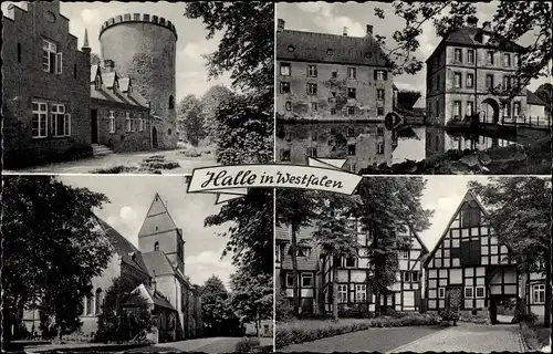 Ak Halle in Westfalen, Straßenpartie, Fachwerkhäuser, Turm, Kirche, Schlossteich, Schloss