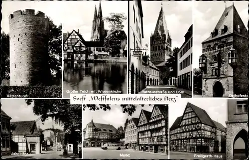 Ak Soest in Westfalen, Rathaus, Osthofentor, Freiligrath Haus, Jakobitor, Kattenturm