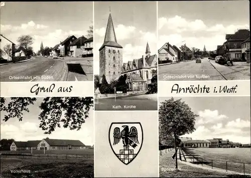 Ak Anröchte in Westfalen, Kath. Kirche, Volkshaus. Sportplatz, Wappen