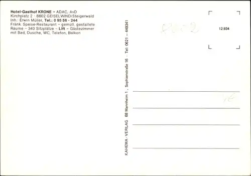 Ak Geiselwind Steigerwald, Hotel und Gasthof Krone, Kirchplatz 2