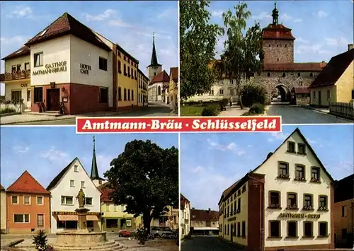 Ak Schlüsselfeld in Oberfranken, Hotel Amtmann Bräu, Tor, Brunnen im Ort