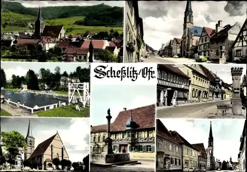 Ak Scheßlitz in Oberfranken, Kirche, Straßenseite, Brunnen, Panorama