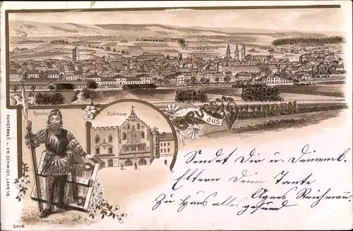 Litho Villingen Schwenningen im Schwarzwald, Rathaus, Totalansicht der Ortschaft