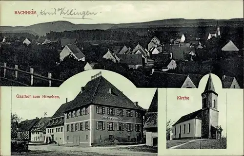 Ak Bachheim Löffingen im Schwarzwald, Kirche, Gasthof zum Hirschen, Blick auf den Ort