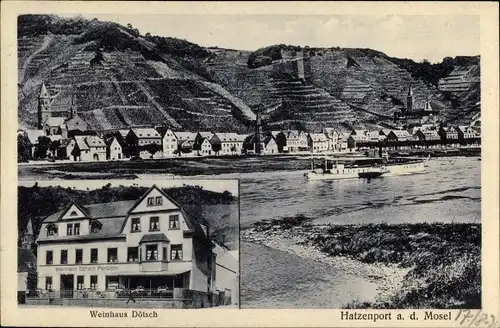 Ak Hatzenport an der Mosel, Weinhaus Dötsch, Blick auf den Ort, Dampfer