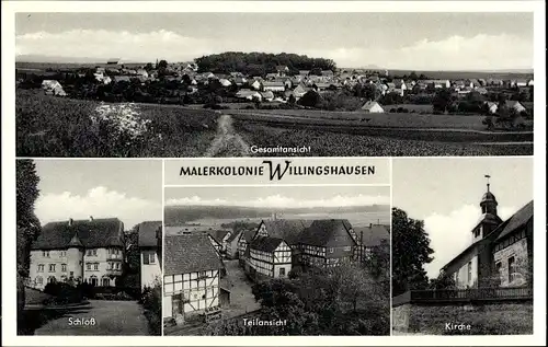 Ak Willingshausen in Hessen, Kirche, Teilansicht, Schloss, Totalansicht, Malerkolonie