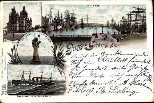 Litho Geestemünde Bremerhaven, Hafen, Segelschiffe, Roter Sand Leuchtturm, Schnelldampfer, NDL