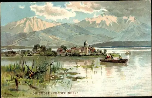 Künstler Litho Heinisch, Gemeinde Chiemsee, Blick zur Fraueninsel, Alpenpanorama, Ruderboot