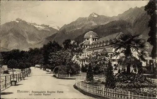Ak Meran Merano Südtirol, Passeggiata Regina Elena col Casino Nuovo