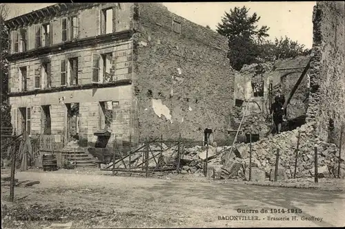 Ak Badonviller Badenweiler Meurthe et Moselle, Brasserie H. Geoffroy, Zerstörungen 1. WK