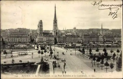 Ak Rouen Seine Maritime, La Place Carnot, Le Pont Boieldieu, La Cathedrale