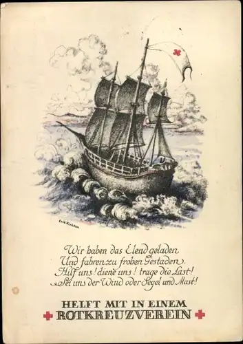 Künstler Ak Richter, Erik, Segelschiff des Roten Kreuzes, Rotkreuzverein