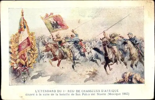 Künstler Ak Mexiko, Bataille de San Pablo del Monte 1863, 1er Reg. de Chasseurs d'Afrique
