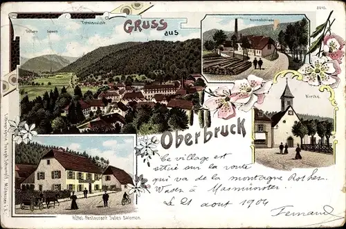 Litho Oberbruck Elsass Haut Rhin, Panorama, Hotel Restaurant, Kirche, Schmiede