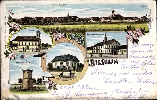 Litho Biesheim Elsass Haut Rhin, Kirche, Post, Gemeindehausschule, Denkmal, Panorama