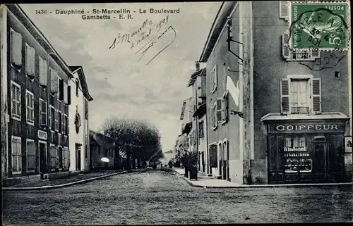 Ak Saint Marcellin Isère, Le Boulevard Gambetta, Coiffeur