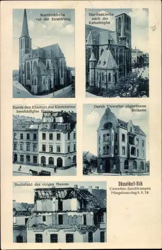 Ak Bilk Düsseldorf am Rhein, Martinskirche, Unwetterkatastrophe 1924, Gebäudeschäden