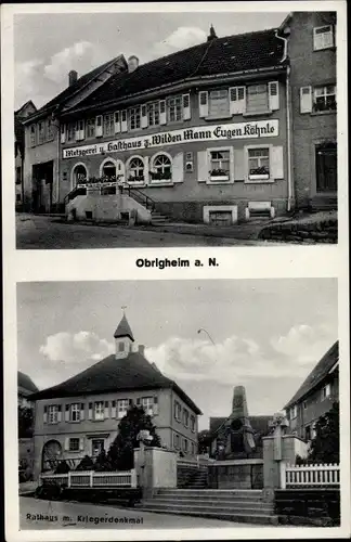 Ak Obrigheim am Neckar Baden, Metzgerei, Gasthaus zum Wilden Mann, Rathaus, Kriegerdenkmal