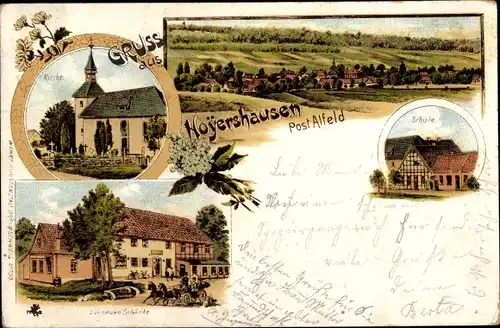 Litho Hoyershausen Duingen Niedersachsen, Kirche, Schule, Zur neuen Schänke, Gesamtansicht