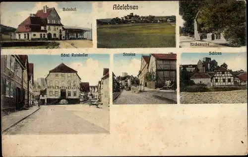 Ak Adelebsen am Solling, Bahnhof, Kirchenruine, Hotel Ratskeller, Straße, Schloss