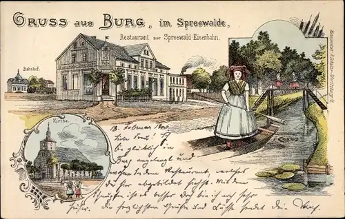 Litho Burg im Spreewald, Restaurant zur Spreewald Eisenbahn, Kirche, Spreewälderin
