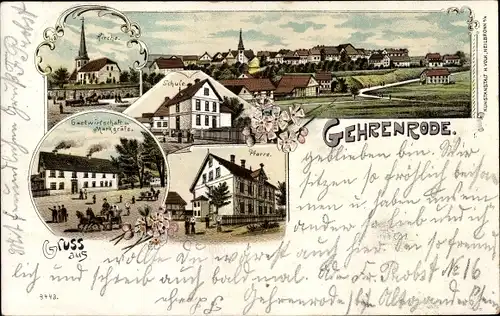 Litho Gehrenrode Bad Gandersheim Niedersachsen, Kirche, Gastwirtschaft z. Markgräfe, Pfarre, Schule