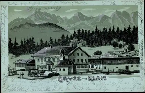 Mondschein Litho Klais Krün Oberbayern, Gasthaus, Kapelle