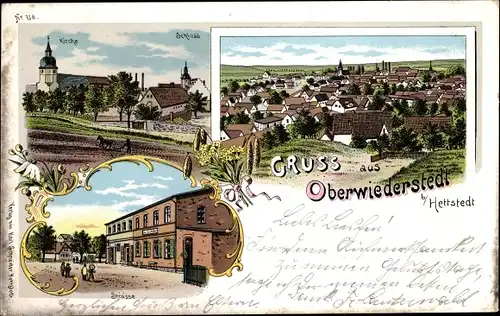 Litho Oberwiederstedt Wiederstedt Arnstein im Südharz, Panorama, Kirche, Schloss, Straßenpartie