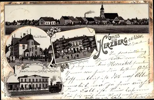 Litho Herzberg an der Elster, Niederlausitzer Bahnhof, Kais. Postamt, Anhalter Bahnhof, Panorama