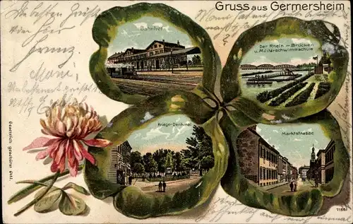 Kleeblatt Litho Germersheim am Rhein, Bahnhof, Gleisseite, Marktstraße, Kriegerdenkmal
