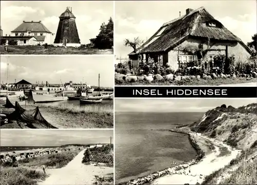 Ak Insel Hiddensee in der Ostsee, Vitte Hafen, Strand, Blaue Scheune, Steilküste am Dornbusch