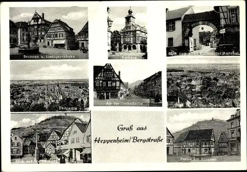 Ak Heppenheim an der Bergstraße, Rathaus, Liebigapotheke, Brunnen, Starkenburg, Teilansicht