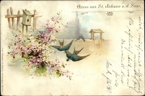 Litho St. Johann Saarbrücken im Saarland, Schwalben, Blumen, Vogelhäuschen