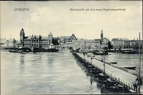 Ak Koblenz am Rhein, Rheinansicht mit dem neuen Regierungsgebäude, Schiffsbrücke