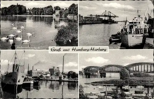 Ak Hamburg Harburg, Außenmühlenteich, Hafen, Elbbrücke