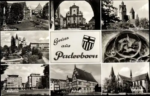 Ak Paderborn in Westfalen, Hasenfenster, marktkirche, Westerntor, Paderanlagen, Hoher Dom, Rathaus