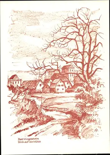 Künstler Ak Schneider, M. L., Mingolsheim Bad Schönborn in Baden, Blick auf die Mühle