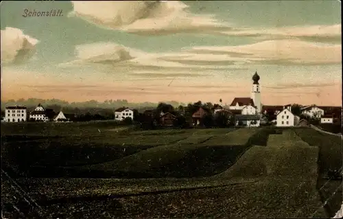 Ak Schonstett in Oberbayern, Blick vom Feld auf die Ortschaft, Kirche